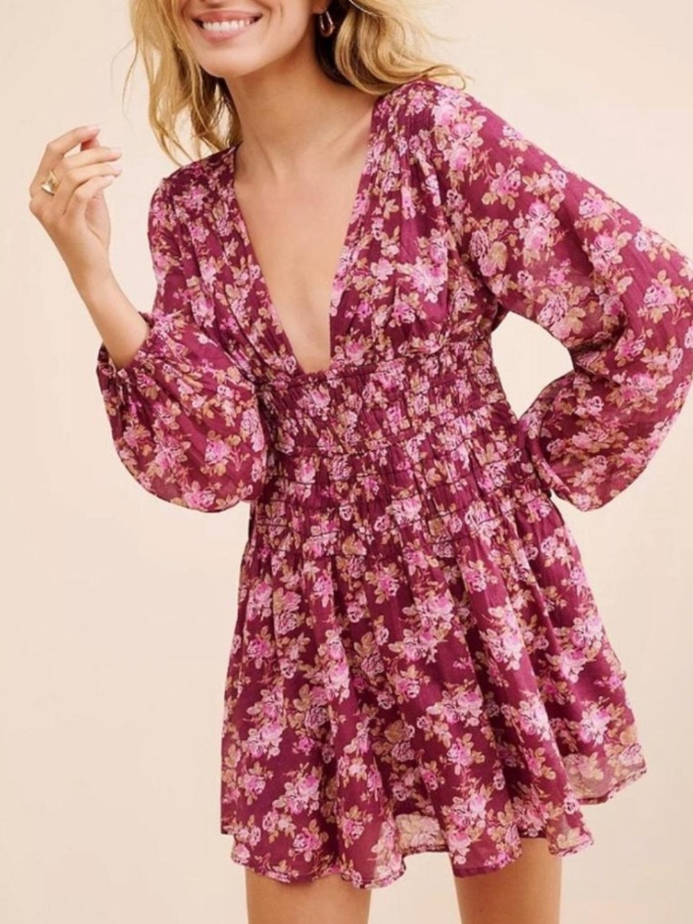 Free People womans Floral boho Smocked Mini Dress size L